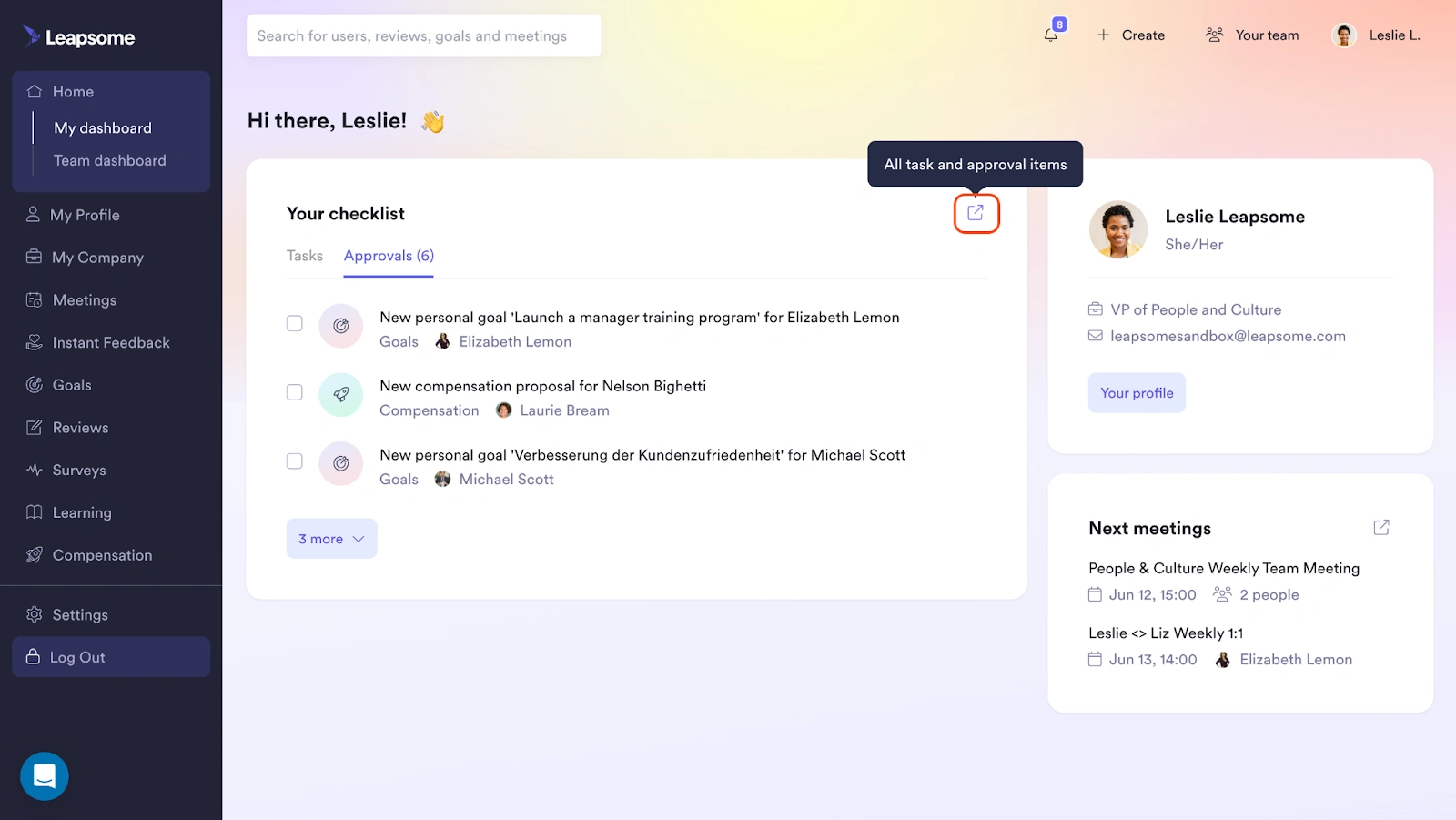 leapsome performance management dashboard