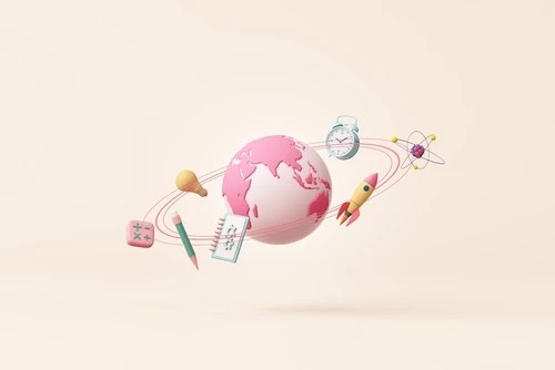 3d looking pink earth globe with 3d items floating in orbit