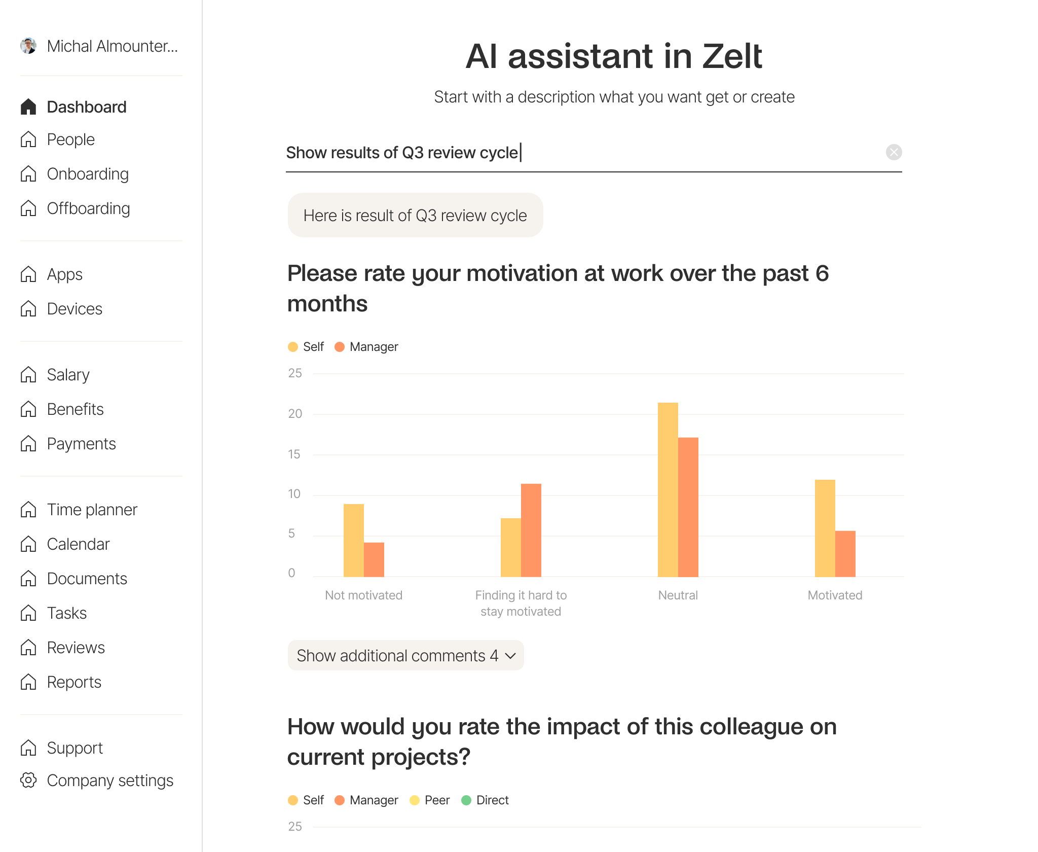 Zelt AI assistant showing analytics for Q3 review cycle