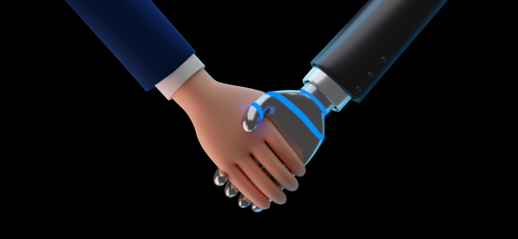 Robot and human shaking hands signifying AI in HR